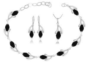 Srebrny komplet z czarnymi cyrkoniami- kolczyki, bransoletka, zawieszka łańcuszek