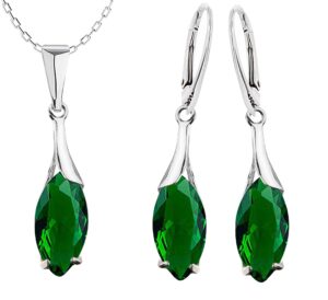 Srebrny komplet biżuterii z zielonymi cyrkoniami- sopelki